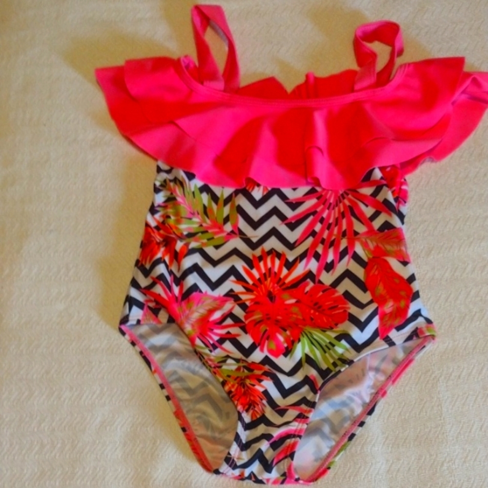 Pink Ruffle One-Piece Swimsuit with Chevron and Floral Design